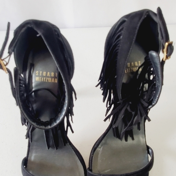 Stuart Weitzman Suede Love Fringe Sandal Size 9 Ankle Strap Black Stiletto Heel - Picture 12 of 16
